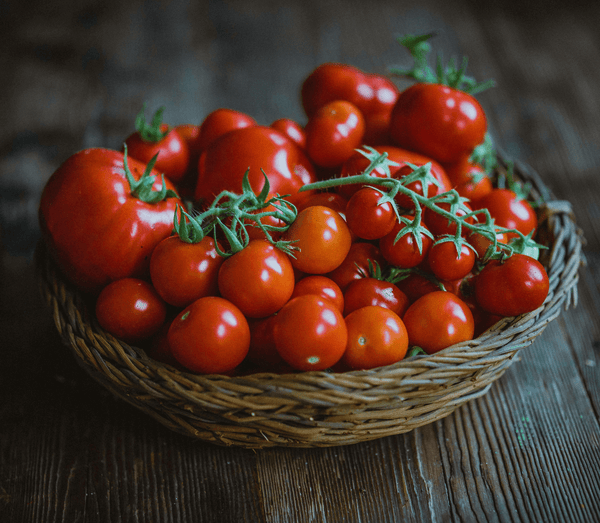 Woven basket of red tomatoes on a rustic wood table