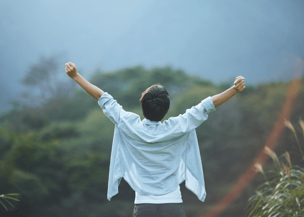 Man seen from behind raising his arms in celebration overlooking a misty green landscape