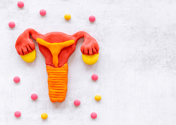 Paper-craft illustration of a uterus and ovaries in orange and red surrounded by pink and yellow dots