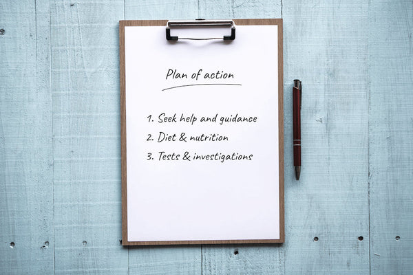 Handwritten clipboard note titled 'Plan of action' listing steps for seeking help, diet and nutrition, and tests