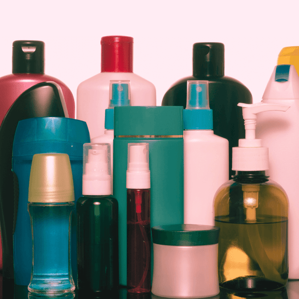 Assorted personal care and toiletry bottles lined up together