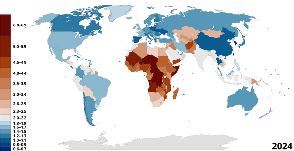 World map showing total fertility rate by country in 2024
