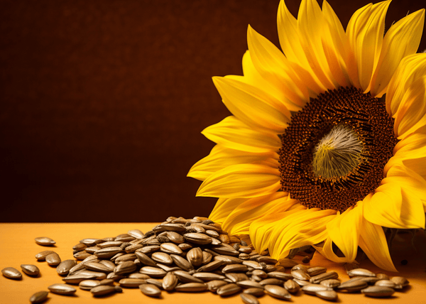Sunflower beside a pile of sunflower seeds on a wooden surface