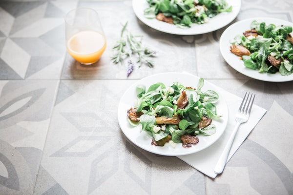 Spinach, Walnut & Roasted Pear Salad with Raspberry Vinaigrette