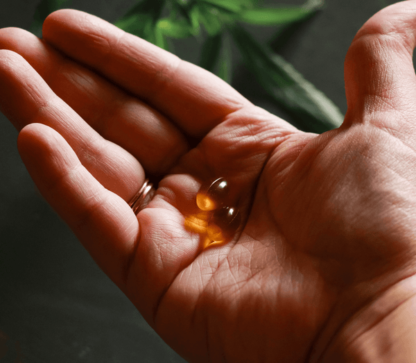 Hand holding two orange softgel capsules beside green plant leaves