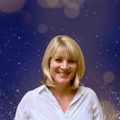 Smiling woman with blonde hair against a sparkly blue background
