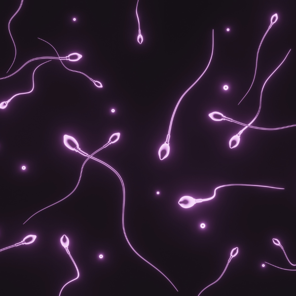 Glowing illustration of sperm cells swimming against a dark background