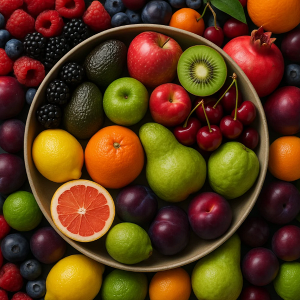 Bowl of assorted fruits including berries, citrus, apples, pears and plums