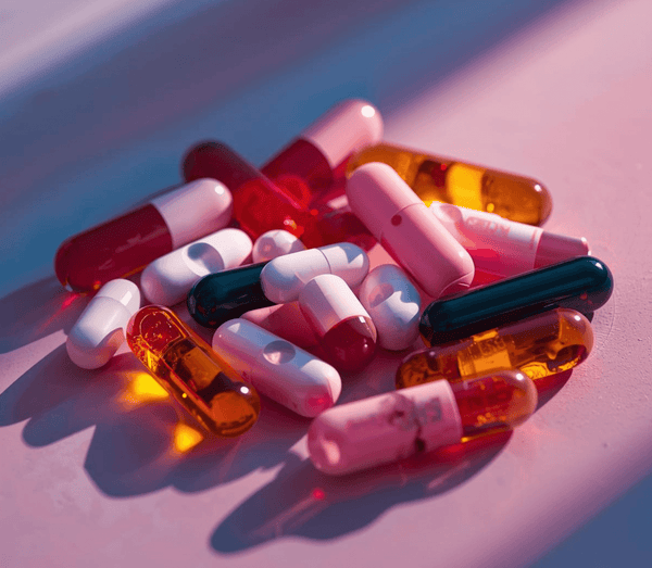 Pile of colorful supplement capsules in red, pink, amber and dark green