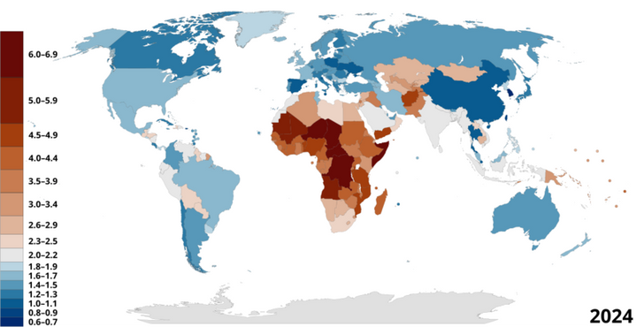 World map showing total fertility rate by country in 2024