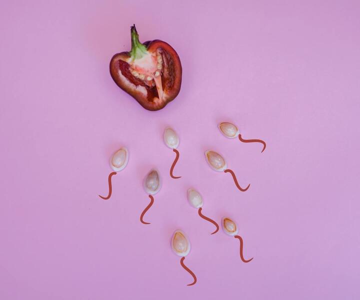 Conceptual image of a halved pepper with seeds shaped like sperm on a pink background