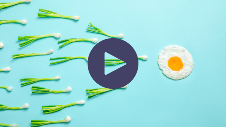 Green spring onions and a fried egg arranged on a light blue background with a play button overlay