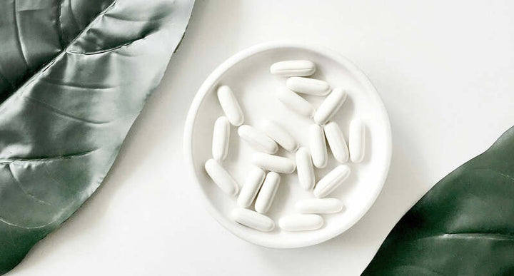White capsule supplements arranged in a small white ceramic dish, surrounded by green leaves