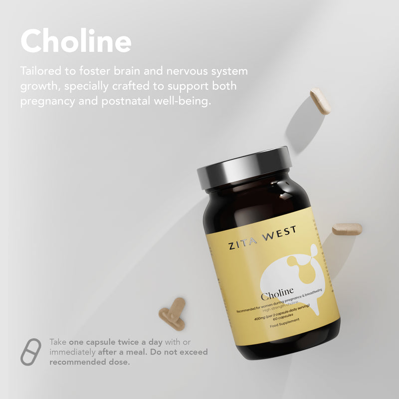 Zita West Choline supplement bottle on a light gray background