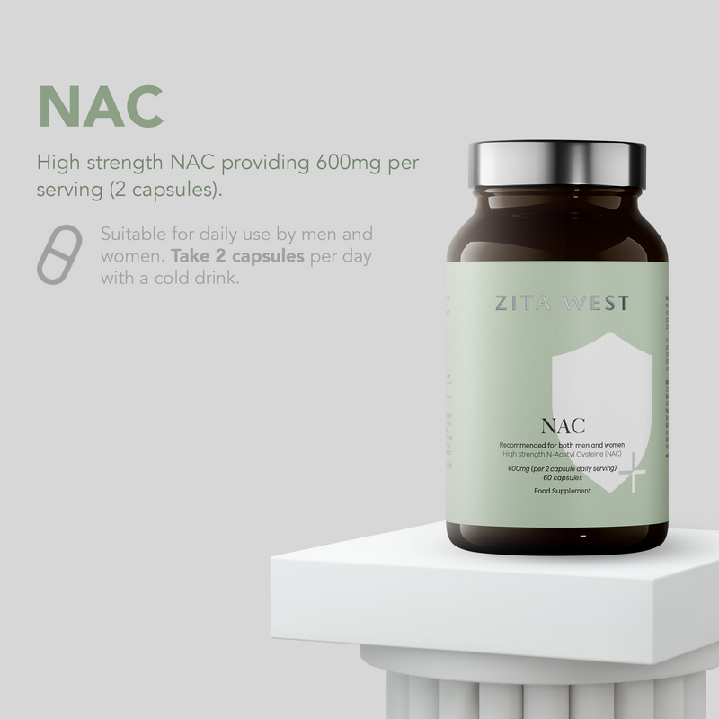 Zita West NAC supplement bottle on a white pedestal with product details.
