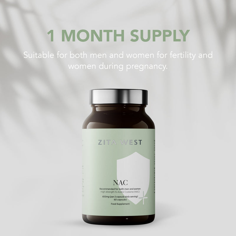 Zita West NAC supplement bottle with text about 1 month supply for fertility and pregnancy on a light background