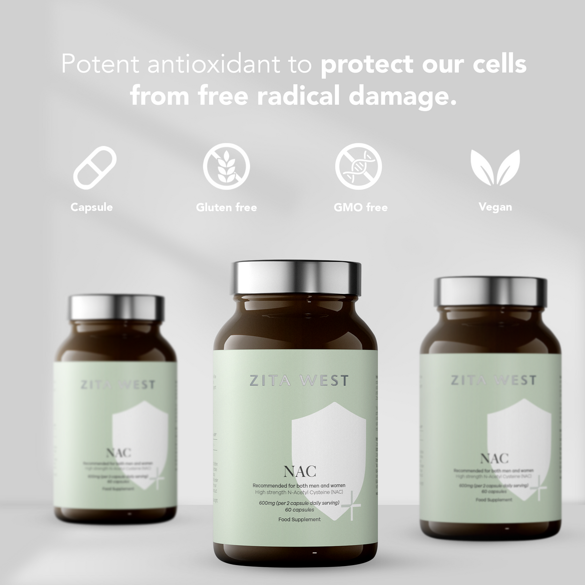 Zita West NAC supplement bottles with certification icons on a light gray background