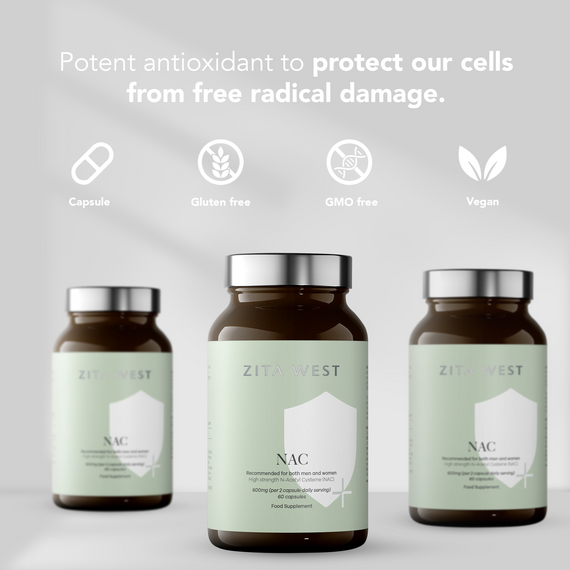 Zita West NAC supplement bottles with certification icons on a light gray background
