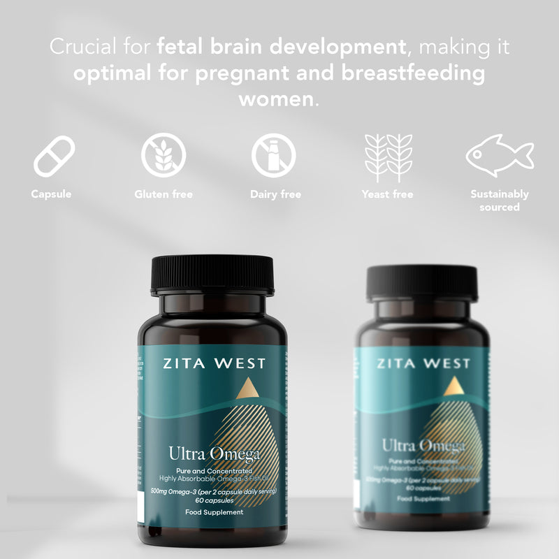 Two bottles of Zita West Ultra Omega supplements on a light grey background with text about fetal brain development.