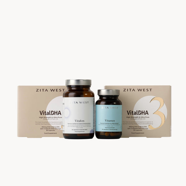 Zita West Supplements on a white background shoing: Vital DHA x2, Vitafem and Vitamen