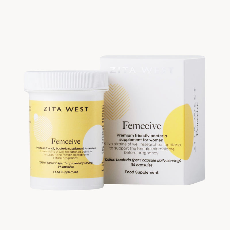 Zita West Femeceve supplement container and packaging on a white background