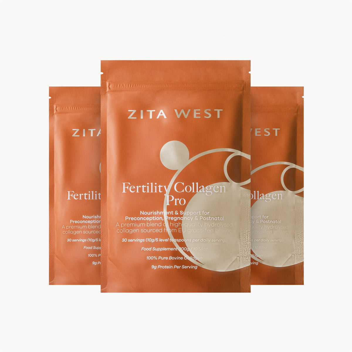 Three packages of Zita West Fertility Collagen Pro on a white background