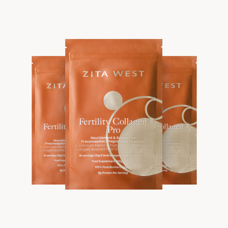Three packages of Zita West Fertility Collagen Pro on a white background