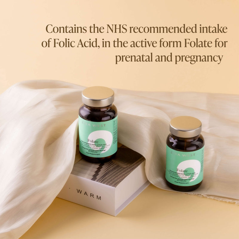 Two bottles of Zita West Folate explaining that it is the active form of folic acid which the NHS recommends prenatally