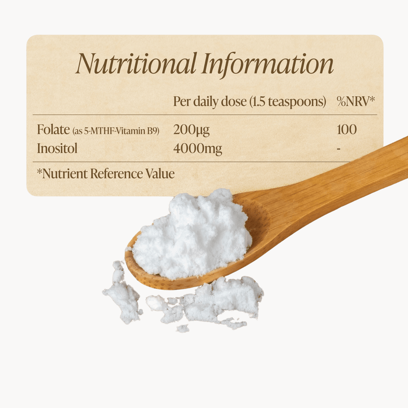 Wooden spoon with white powder and nutritional information label on a beige background