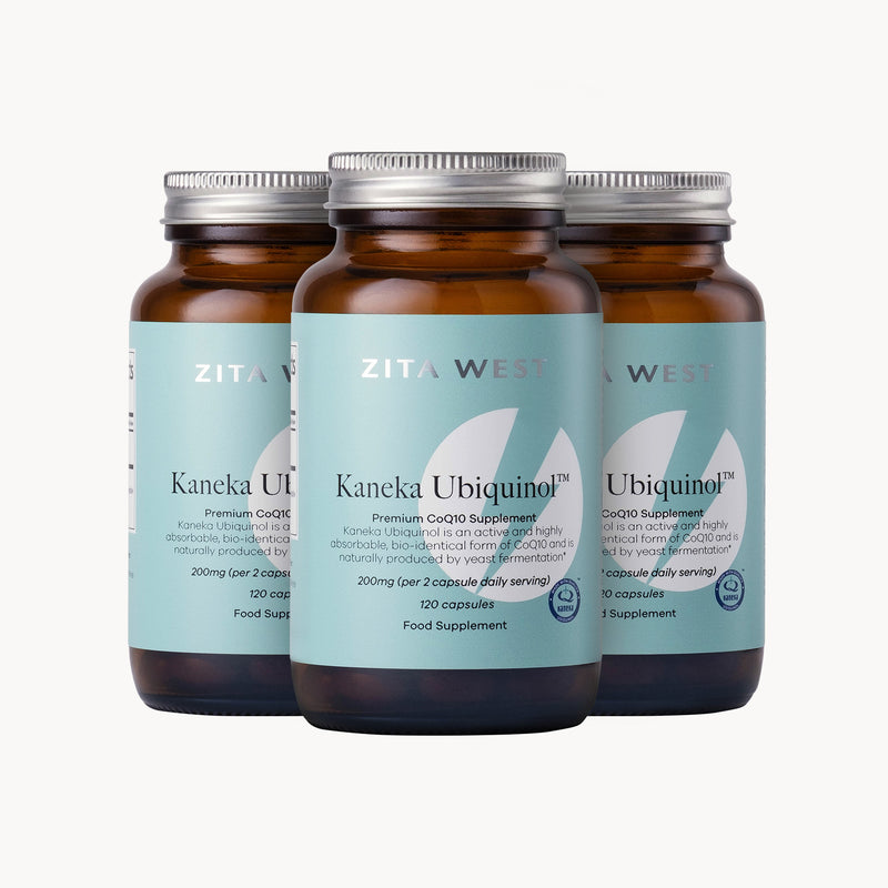 Zita West Kaneka Ubiquinol CoQ10 3 month supply of 120 capsules. Three Zita West Kaneka Ubiquinol supplement bottles on a white background