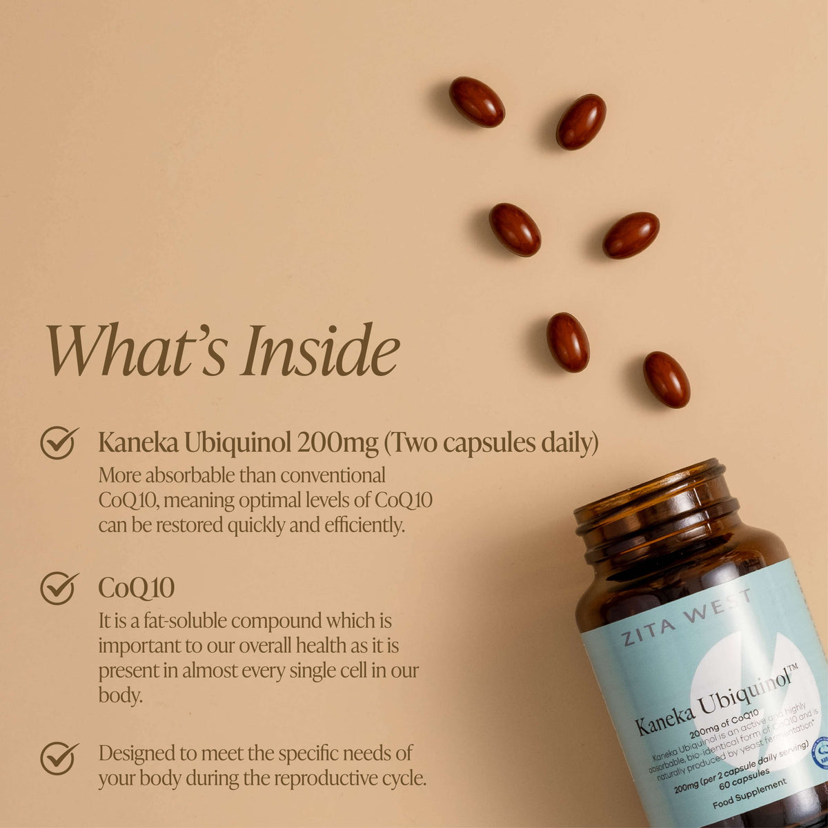 Zita West Kaneka Ubiquinol CoQ10 200mg (per two capsule serving)