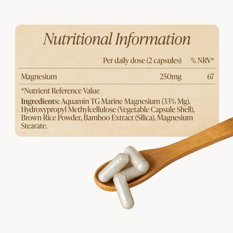 Nutritional information label for magnesium supplement with capsules on a wooden spoon
