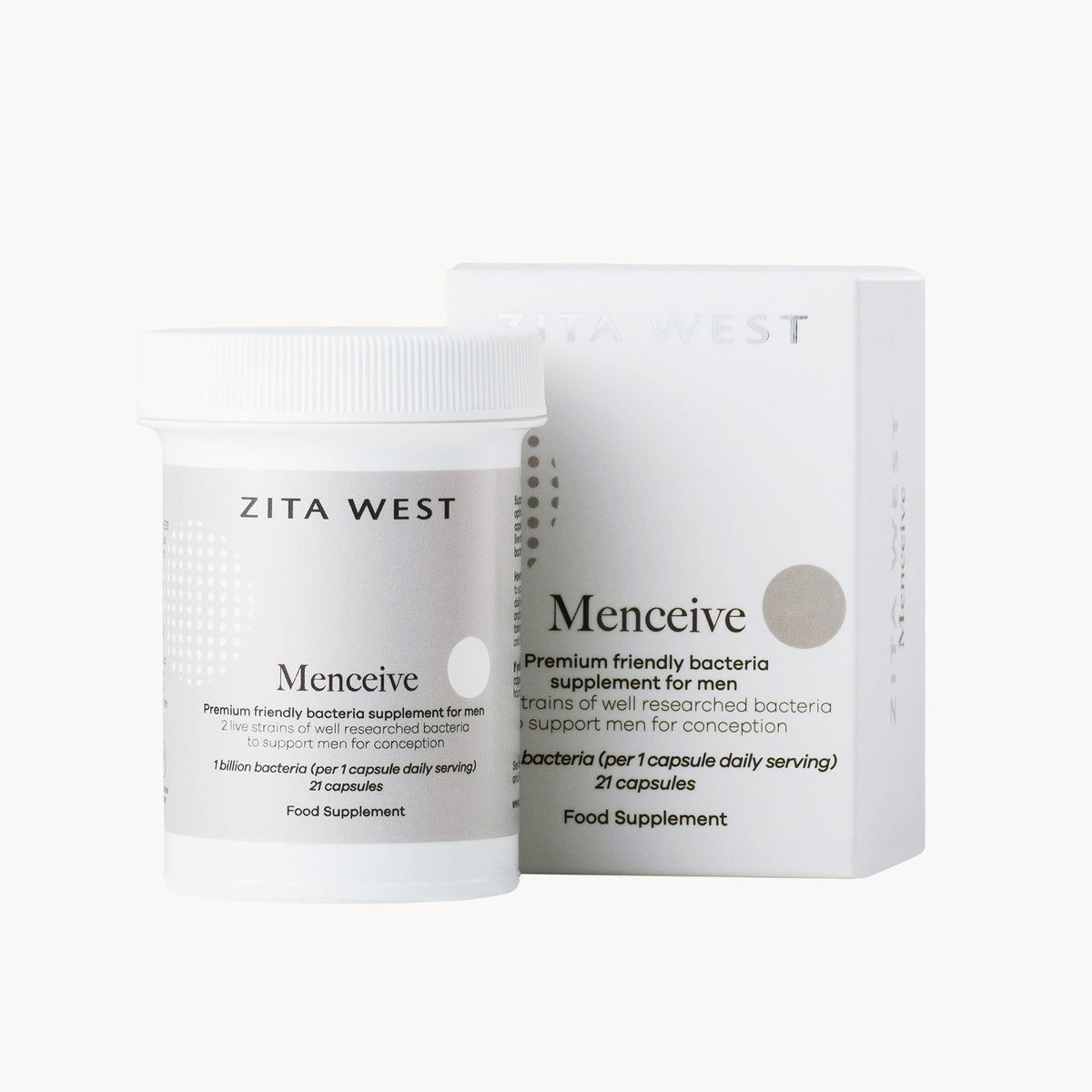 Zita West Menceive supplement container and packaging on a white background