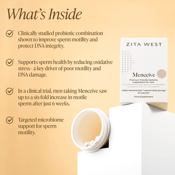Zita West Menceive supplement packaging with text on a beige background