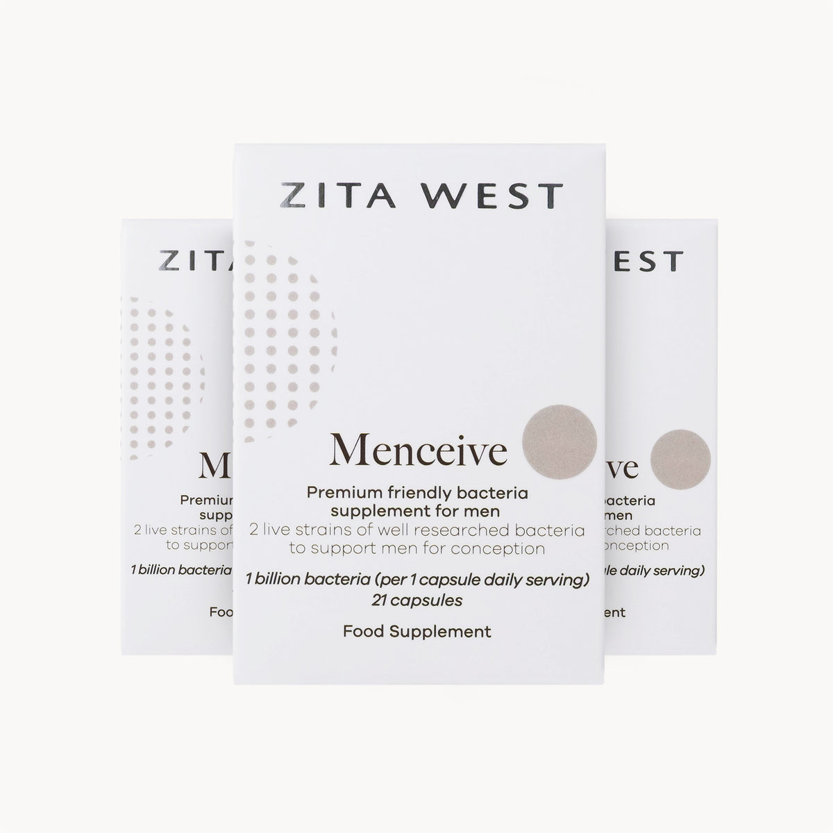 Zita West Menceive supplement packaging on a white background