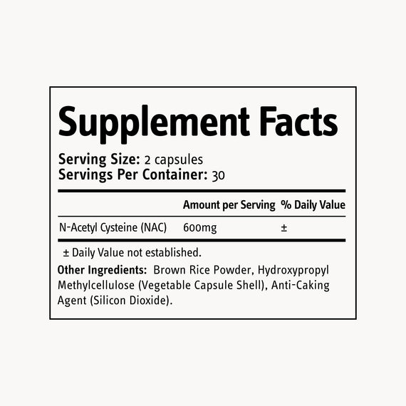 Supplement facts label for N-Acetyl Cysteine capsules on a white background