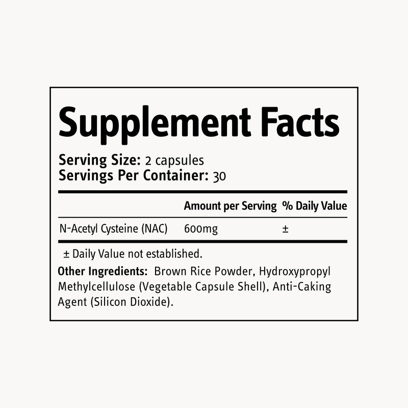 Supplement facts label for N-Acetyl Cysteine capsules on a white background