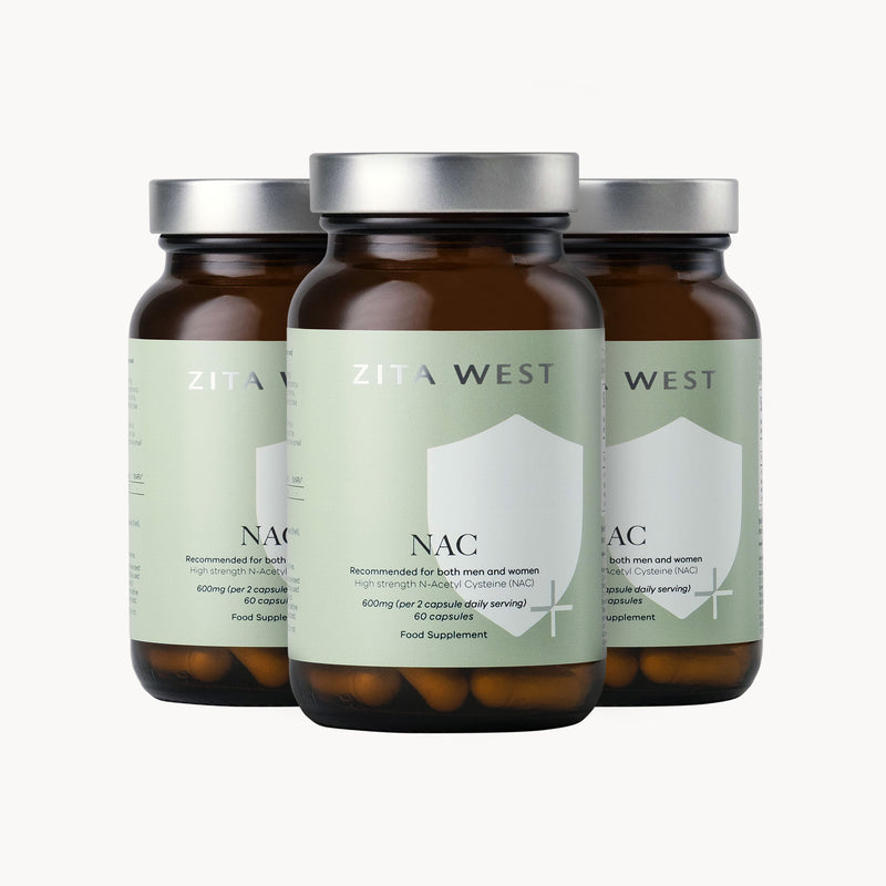 Three bottles of Zita West NAC supplement on a white background