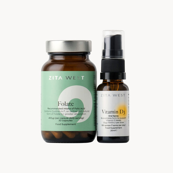 Two Zita West health supplement bottles on a white background