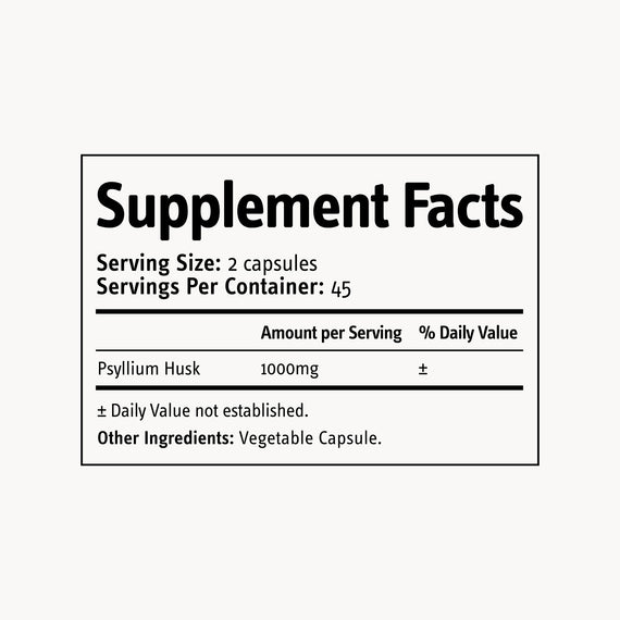 Supplement facts label for a product with psyllium husk on a white background