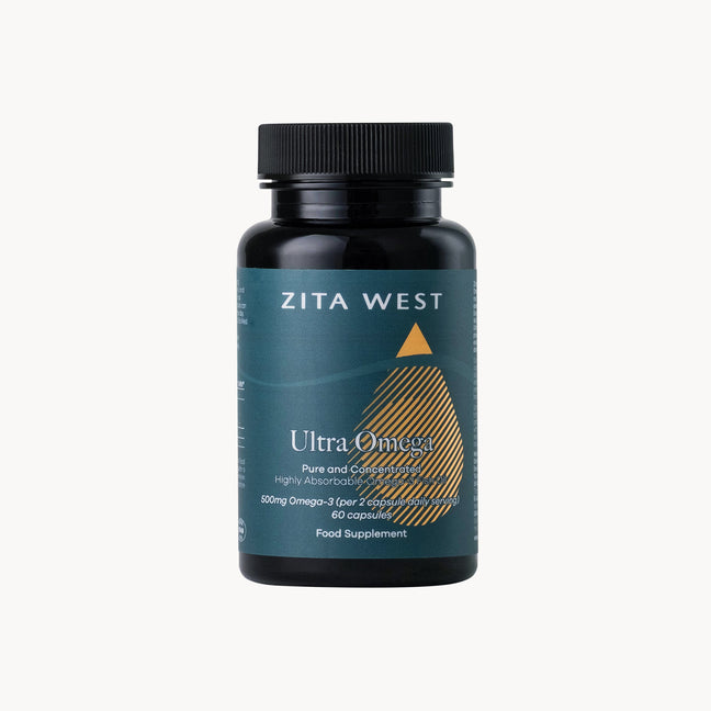 Zita West Ultra Omega supplement bottle on a light grey background
