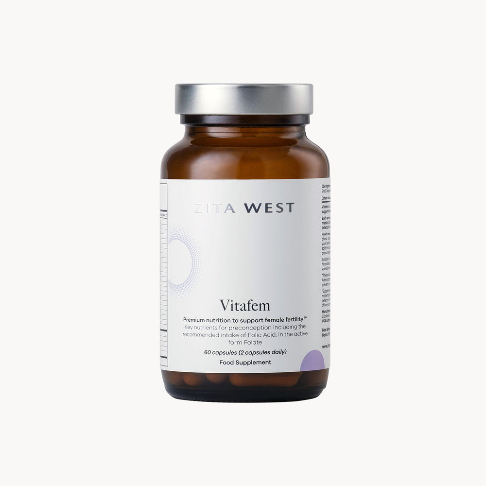 Vitafem supplement bottle with a white label on a white background