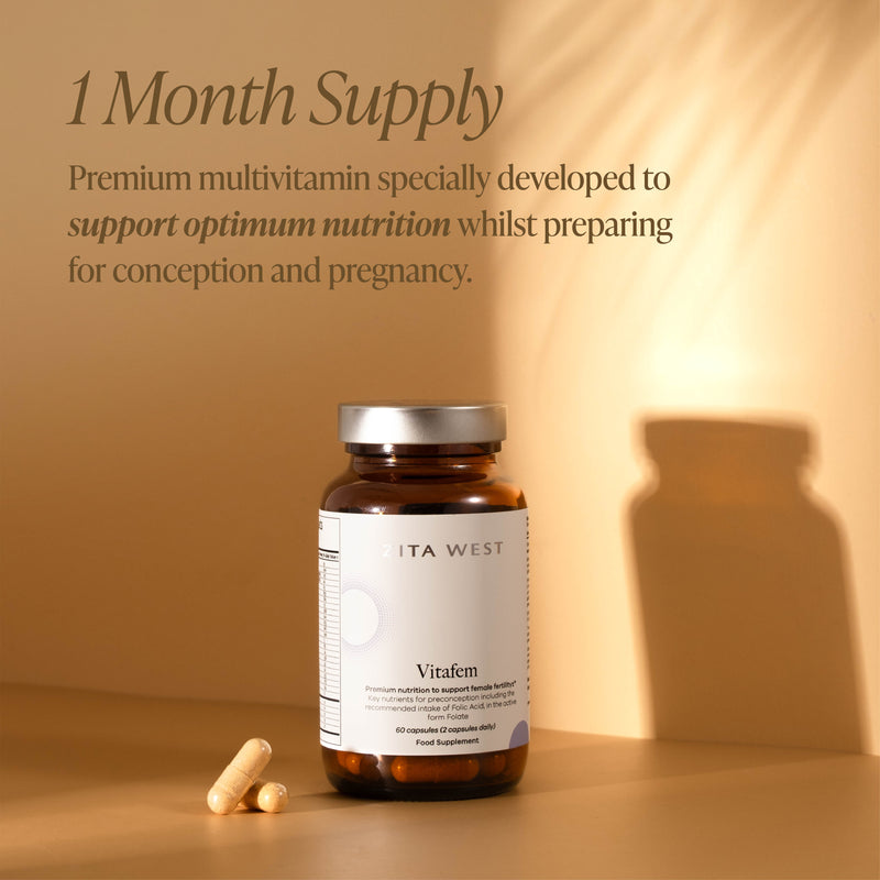 Vitafem on a neutral background showing one month suppy