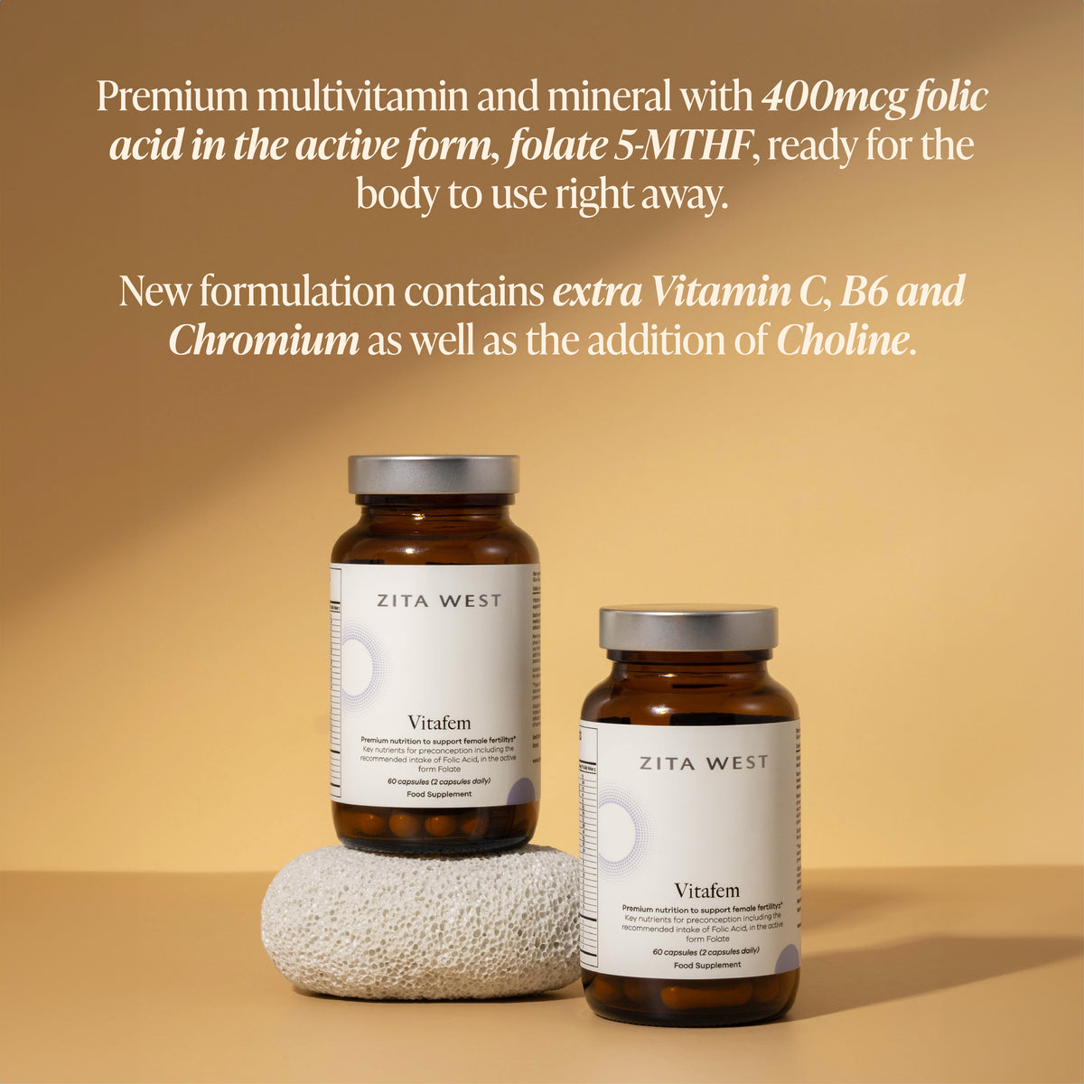 Two Vitafem bottles on a neutral background with copy showing benefits