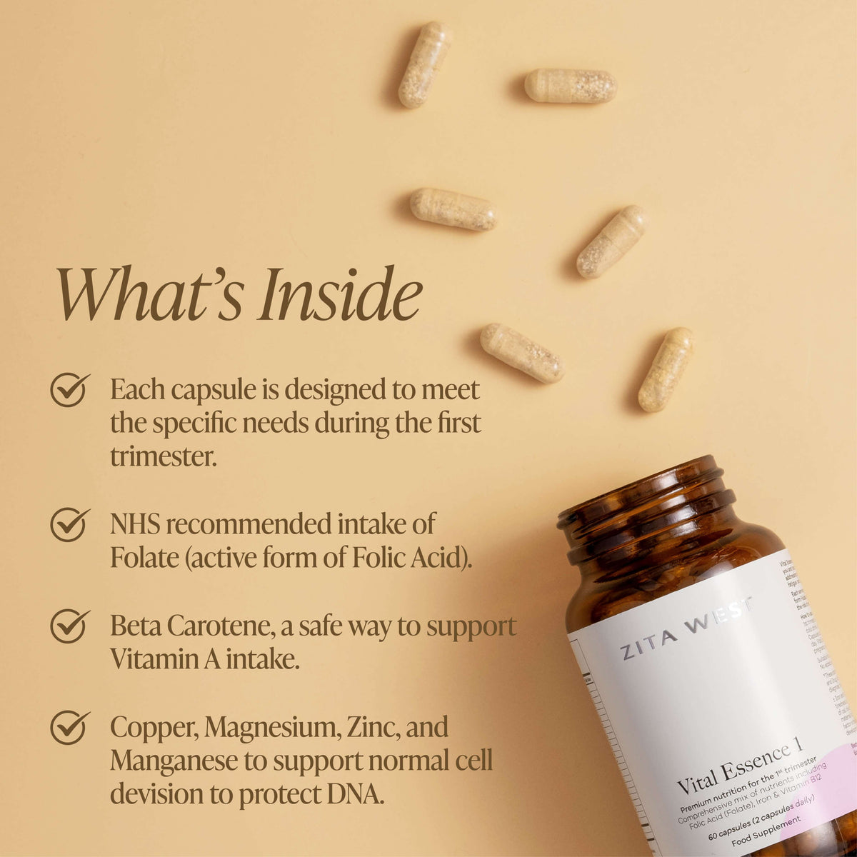 An open bottle of Vital Essence 1 with capsules on a yellow background