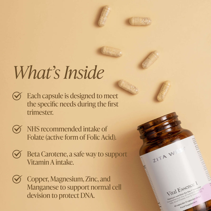 An open bottle of Vital Essence 1 with capsules on a yellow background