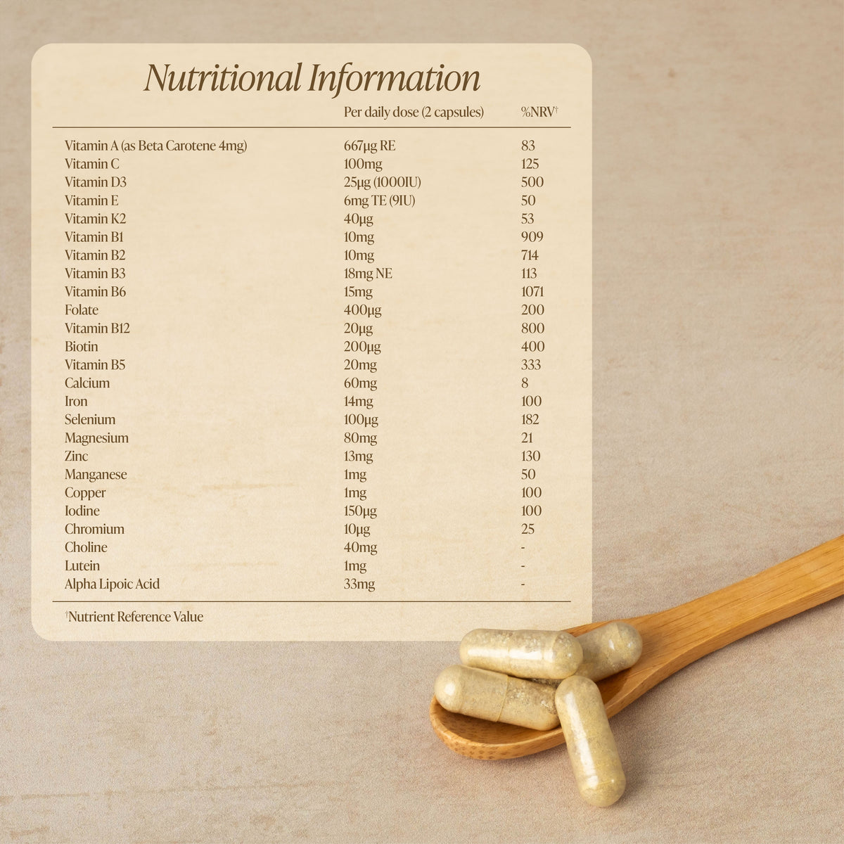 A nutritional information label card for Zita West Vital Essence 1 with three capsules on a wooden spoon