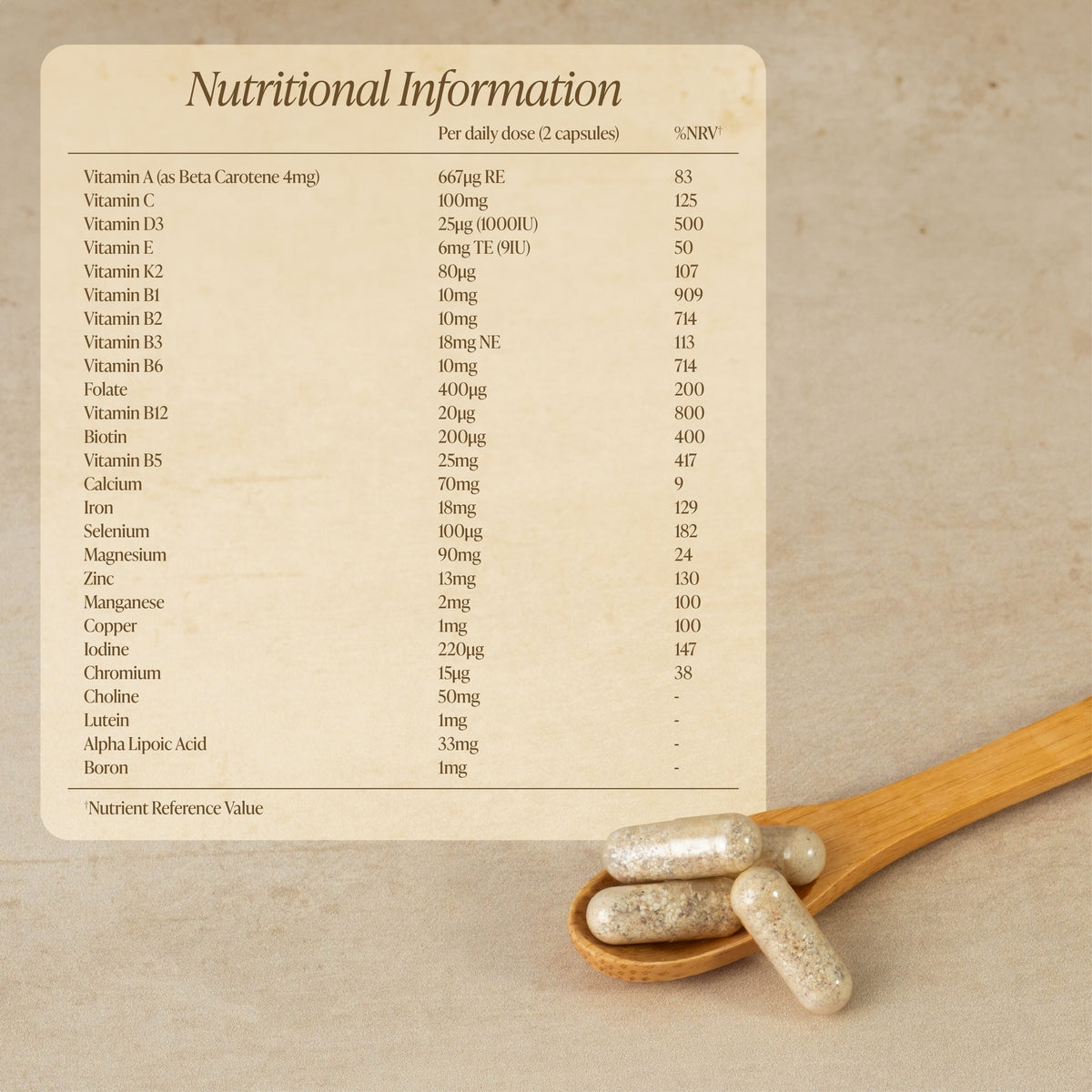 Nutritional information label for Zita West Vital Essence 2