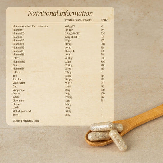 Nutritional information label for Zita West Vital Essence 2