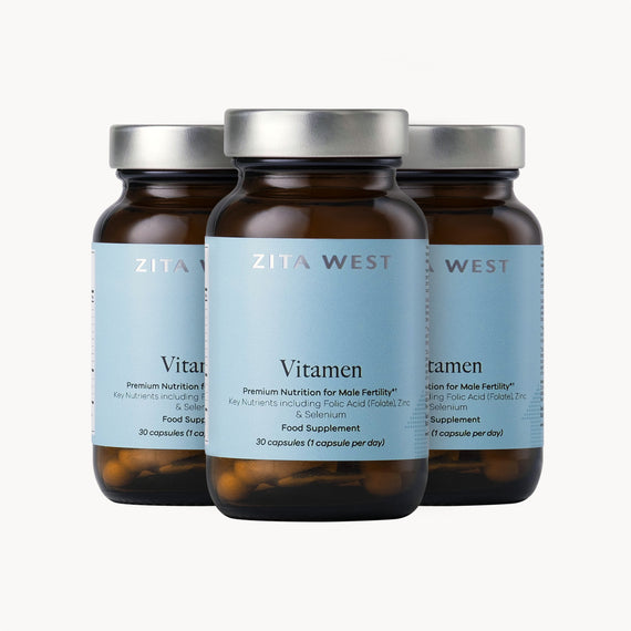 Three bottles of Zita West Vitamen on a white background